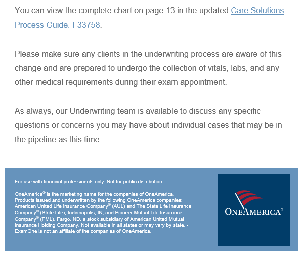 OneAmerica Immediate Medical Requirement Change for Underwriting